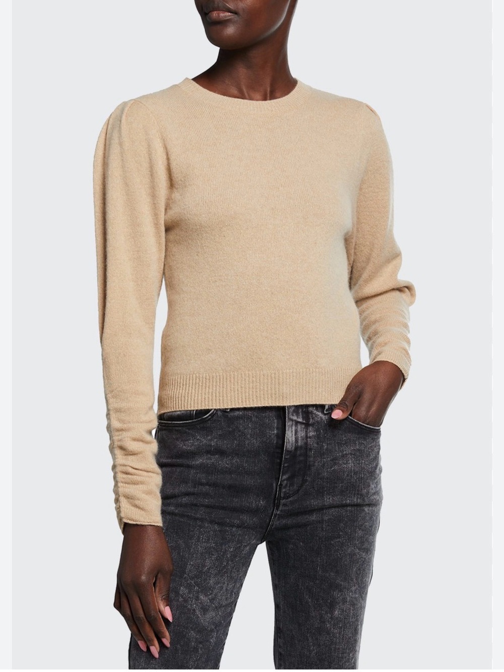 Frame Denim Puff-Sleeve Crewneck Sweater in Camel Brown